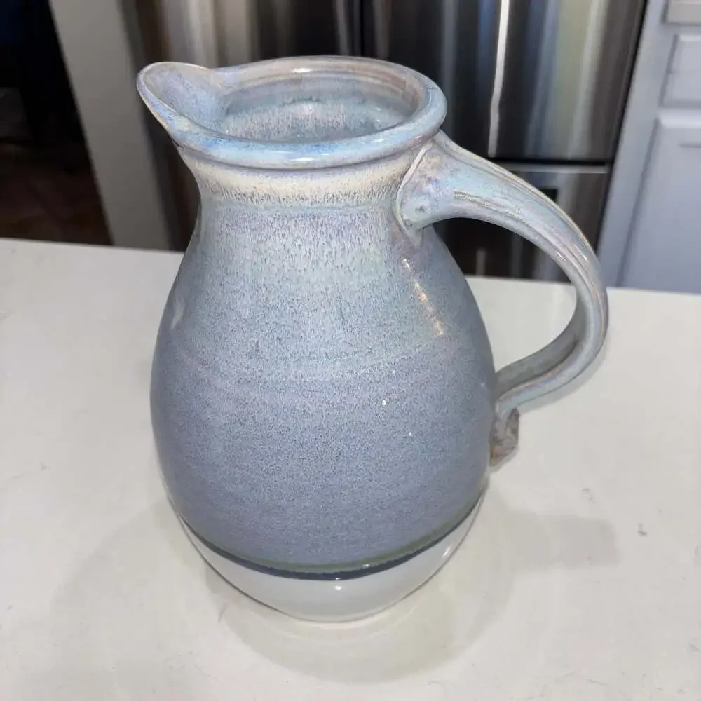 Handmade Studio Pottery Ceramic Pitcher with Blue and White Glaze